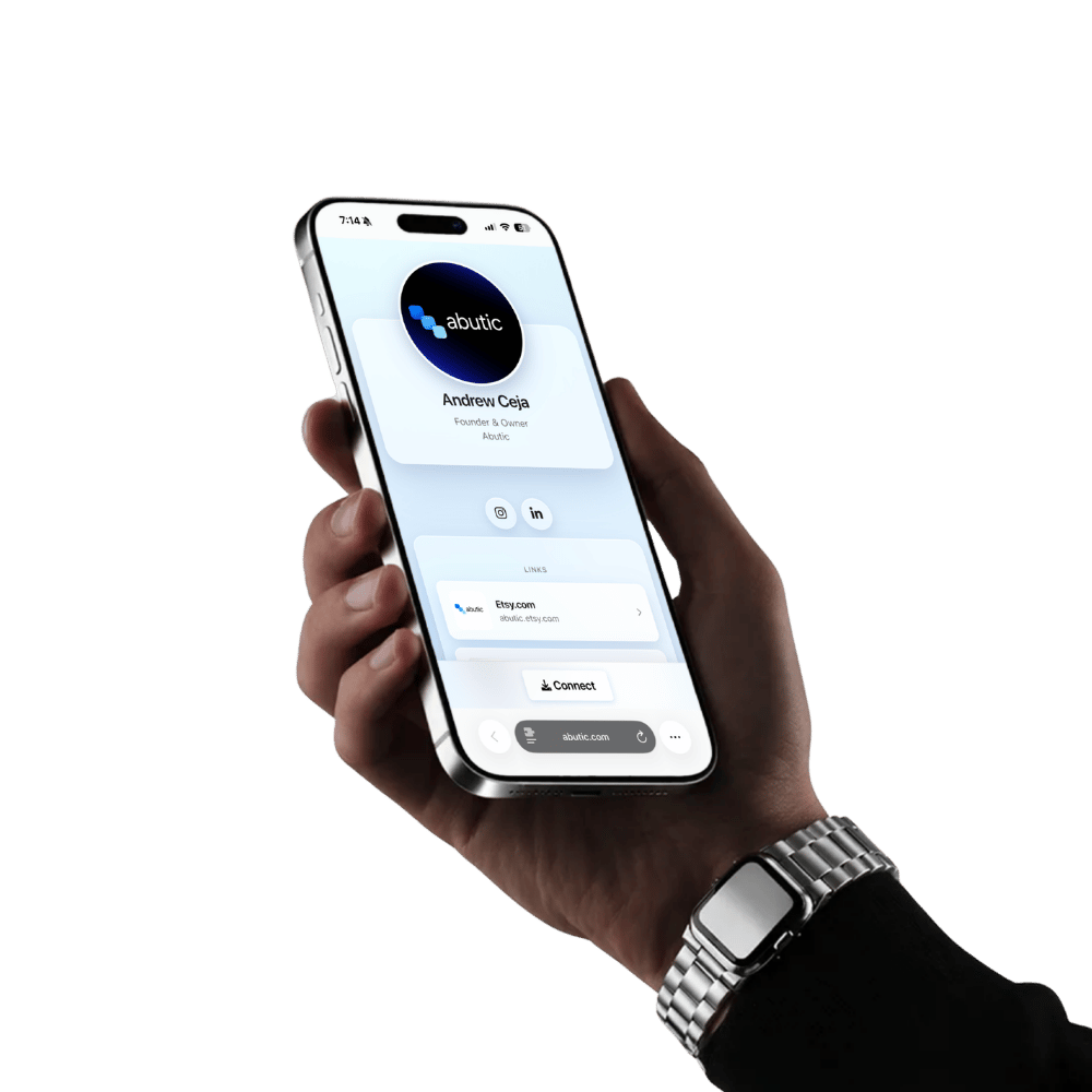 Two phone mockups showing Abutic digital profile examples